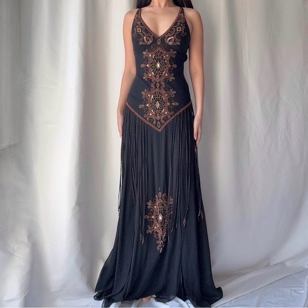 Cache Black Maxi Dress with Bronze Embellishment